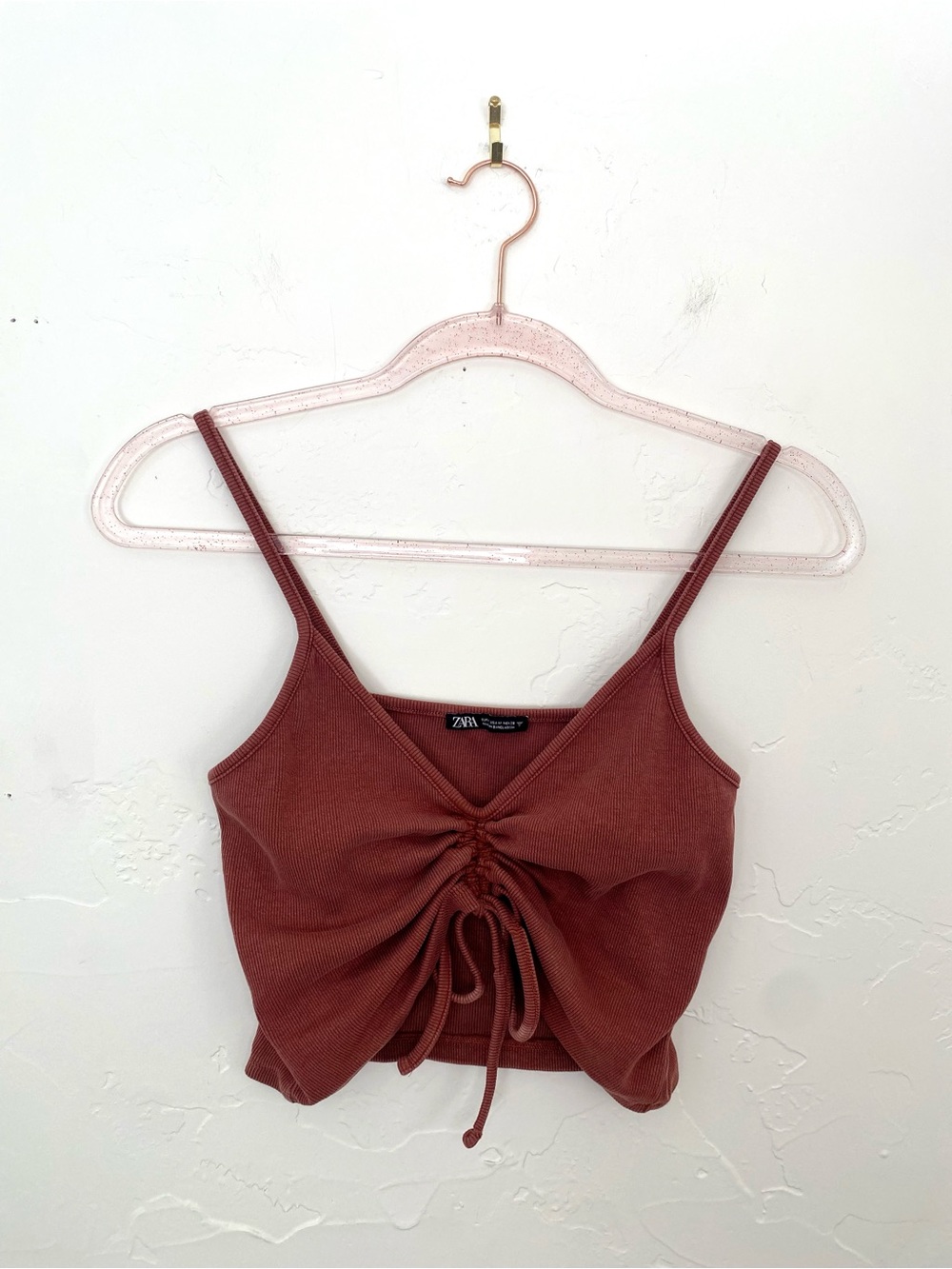 Zara Rust Ruched Ribbed Spaghetti Strap Crop Top - Picture 4 of 9